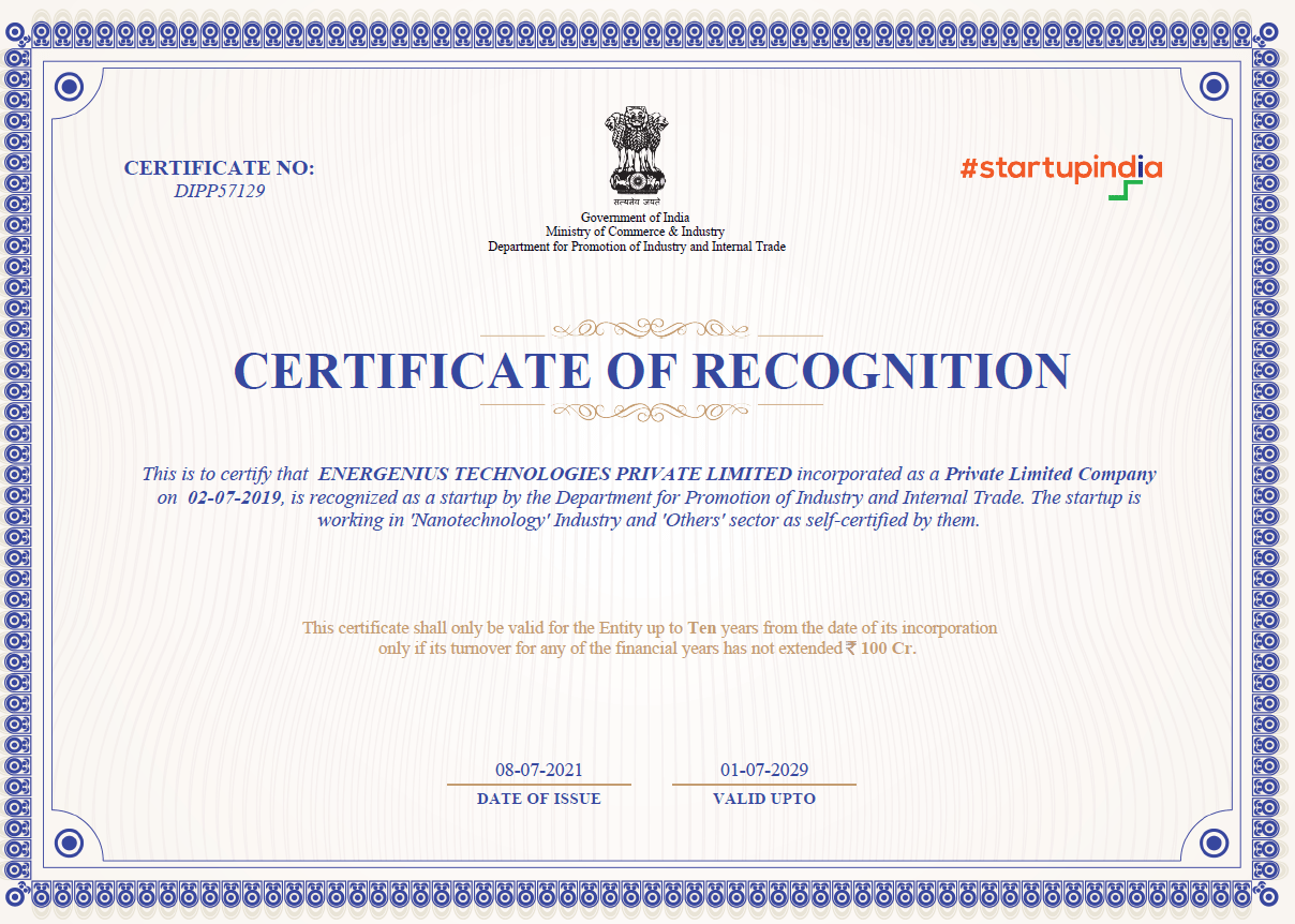NANOBBLE Startup India Certificate